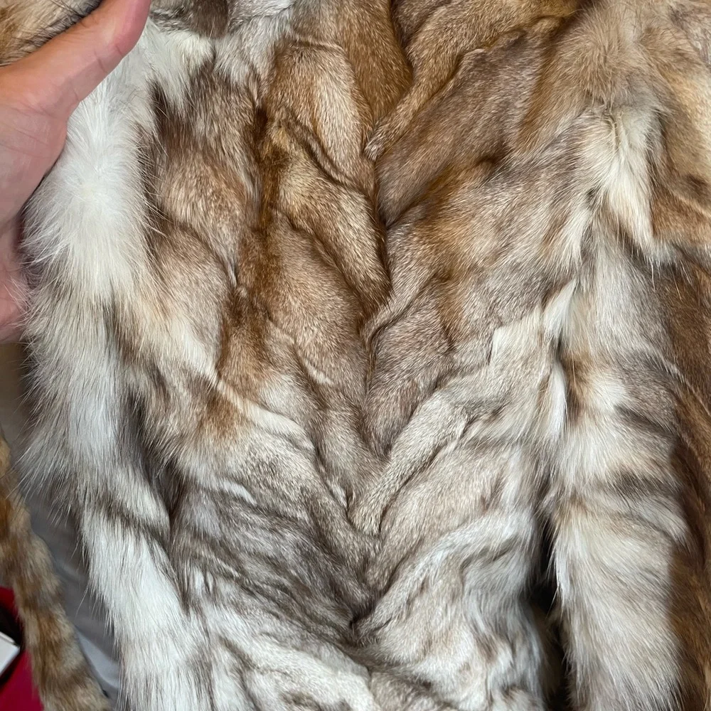Vintage fox herringbone pattern fur coat with leather accents - Picture 4 of 4